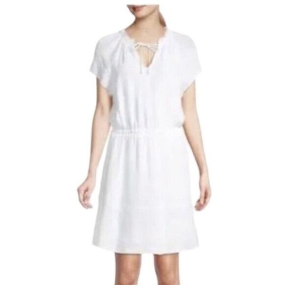 Cloth & Stone Cap Sleeve Ruffle Tie Neck White Linen Blend Textured Dress Size M - Picture 1 of 6